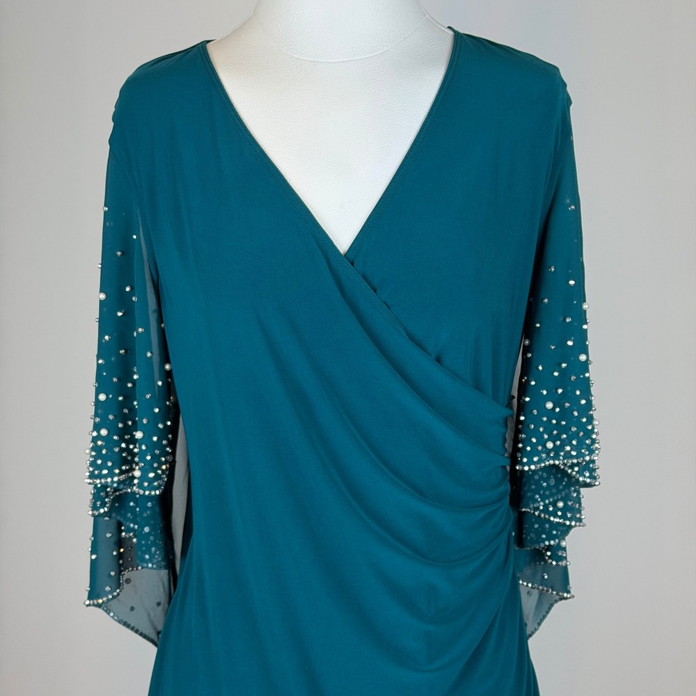 NWD MSK Neo Emerald Faux Wrap Cape Dress Embellished Pearl Sleeves Size Large - Picture 3 of 10
